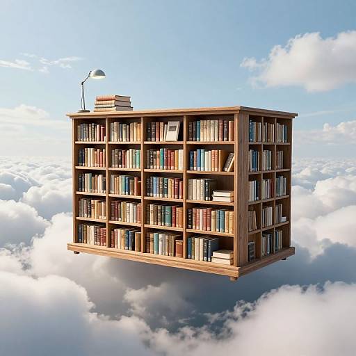 Photorealistic digital artwork of a floating wooden bookshelf filled with colorful books, a lamp, and stacked books, against a bright blue sky with fluffy