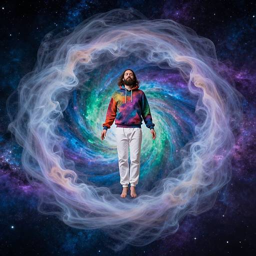 Photograph of a bearded man in a colorful hoodie and white pants, floating in a swirling, cosmic, smoke-like vortex against a starry background