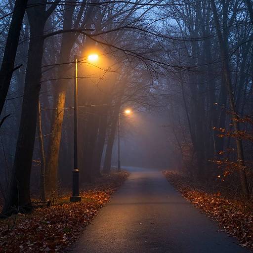 Glowing Streetlamp on Misty Forest Path