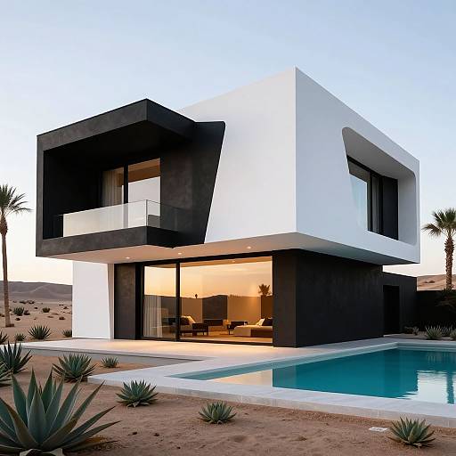 Photograph of a modern, two-story white and black geometric house with large windows, pool, desert landscape, and agave plants.