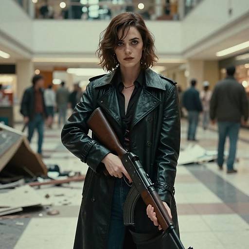 Photograph of a serious, dark-haired woman in a black leather coat holding a rifle in a chaotic, multi-story shopping mall.
