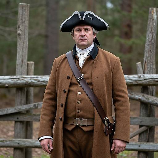 Photograph of a middle-aged white man in 18th-century colonial attire, including a brown coat, tricorn hat, and white cravat