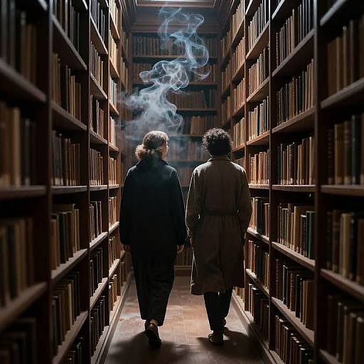 Photograph of two people, back view, walking down a dimly lit library aisle with smoke swirling between them, surrounded by tall bookshelves.