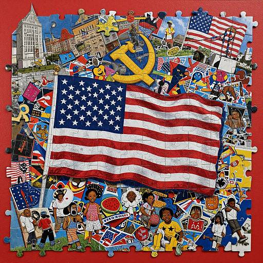 Colorful jigsaw puzzle featuring American flag, diverse children, historical symbols, and buildings, with red border, vibrant colors, and playful design.