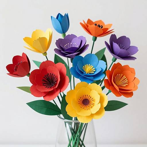 Bright, colorful paper flower bouquet with yellow, red, blue, orange, and purple blooms in a clear glass vase against a white background.