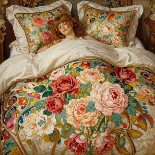 Photograph of a curly-haired woman with fair skin, lying in a bed with ornate, floral-patterned white sheets and pillows. Vibrant roses