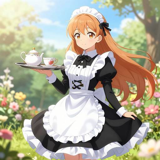 Anime Maid in Blooming Garden