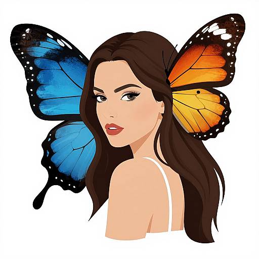Digital illustration of a fair-skinned woman with long brown hair, wearing blue and orange butterfly wings on her back, looking over her shoulder with red lipstick