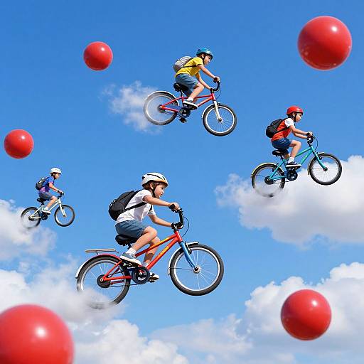 Photograph of four children in helmets and backpacks, riding bicycles mid-air against a bright blue sky with scattered clouds and red balls.