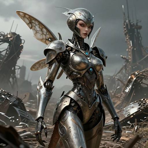 CGI image of a sleek, silver, robotic female warrior with insect wings in a post-apocalyptic, ruined industrial landscape.