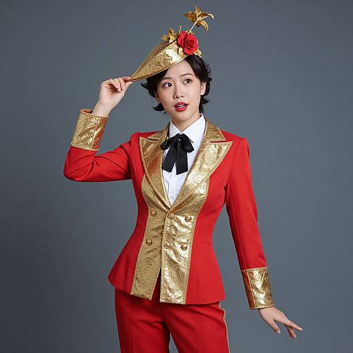 Photograph of an Asian woman in a red and gold tuxedo, black bow tie, and matching hat with a red rose, posing against a