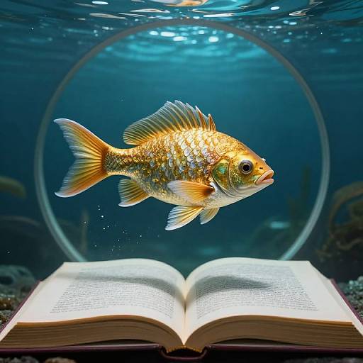 Photograph of a vibrant, gold and orange fish with shimmering scales swimming above an open book in a clear, blue aquarium.