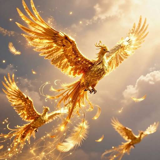 Majestic Golden Phoenixes in Radiant Sky