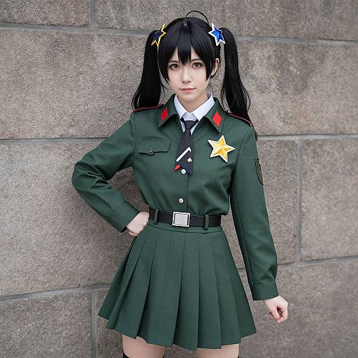 Photograph of an Asian woman in a green military-style uniform with a pleated skirt, black tie, and star pins, standing against a concrete wall