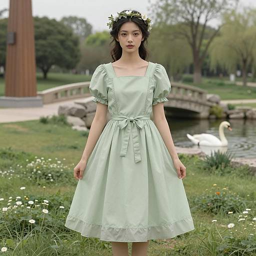 Elegant Woman in Green Dress at Park