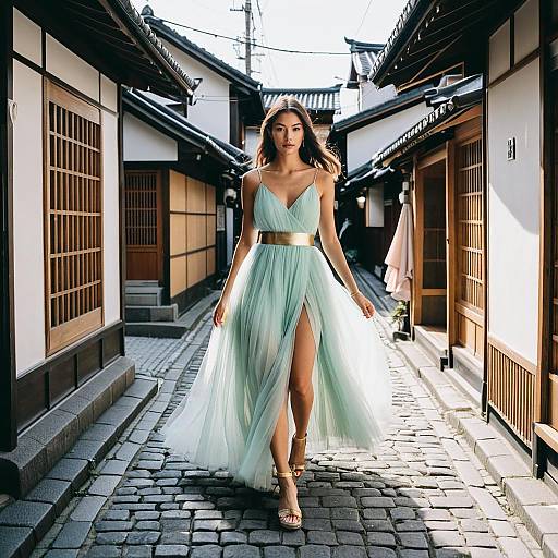 Woman in Pastel Tulle Gown in Japanese Alley