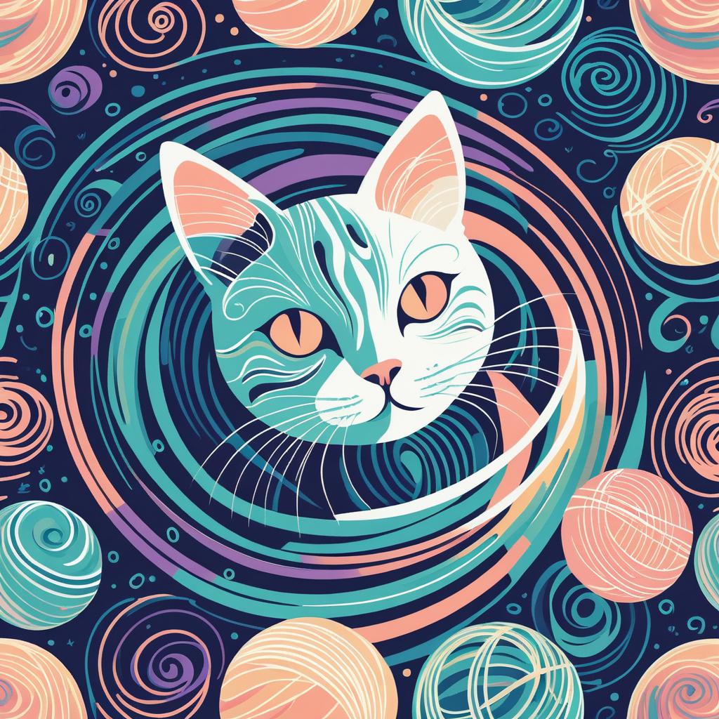 Playful Cat with Yarn in Pastel Colors