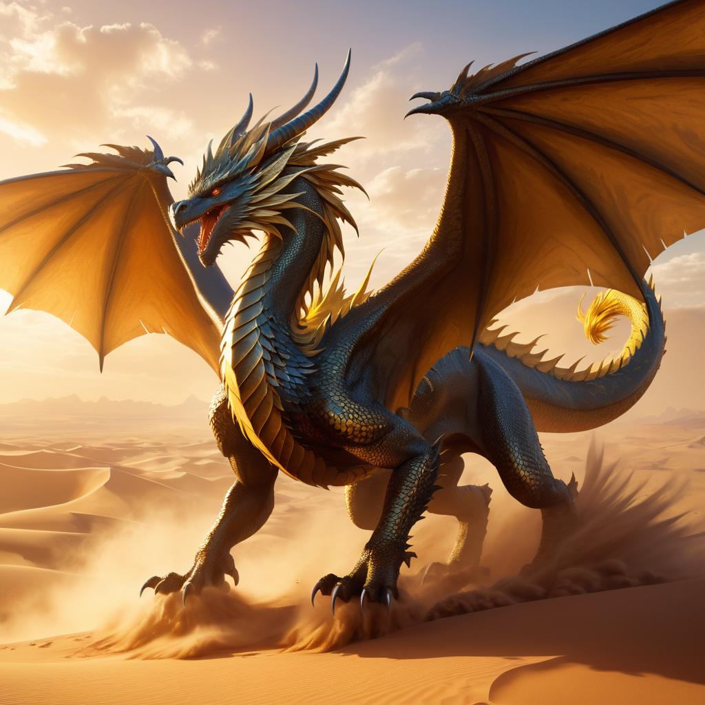 Majestic Dragon Soaring Above Desert Landscape