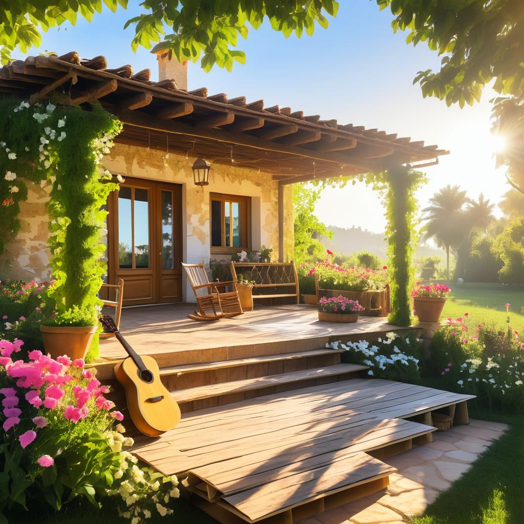 Charming Villa Porch with Guitar and Books