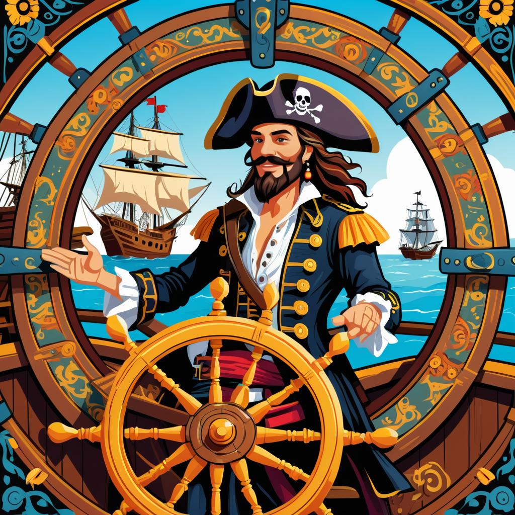 Cheerful Pirate Captain on Ornate Ship