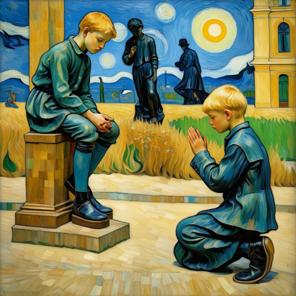 Surreal Young Boy Praying Before Statue