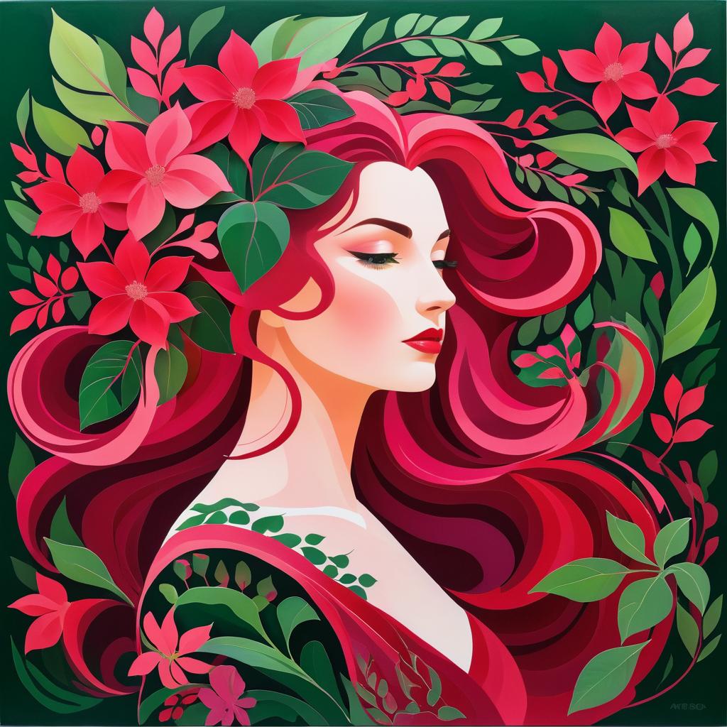 Elegant Woman with Crimson Hair and Flowers