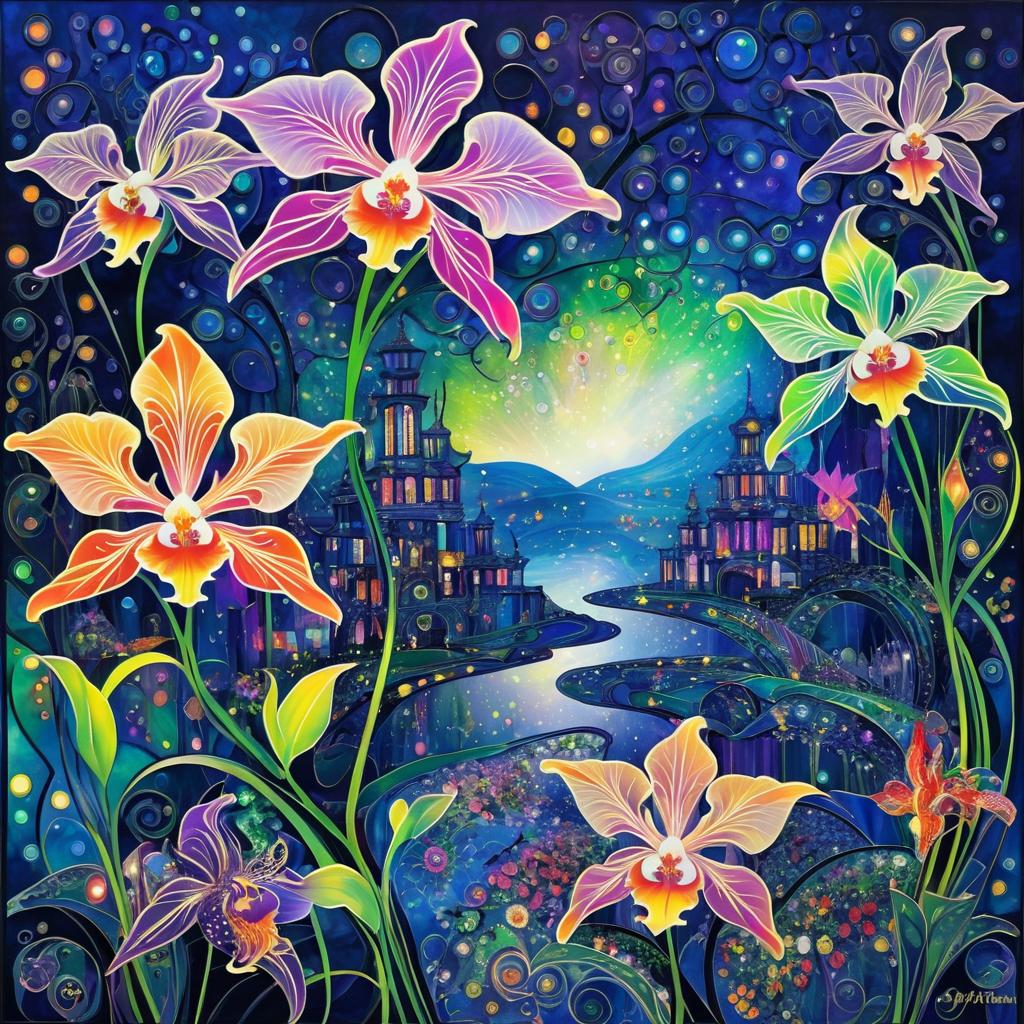 Vibrant Fantasy Orchids with Circuitry