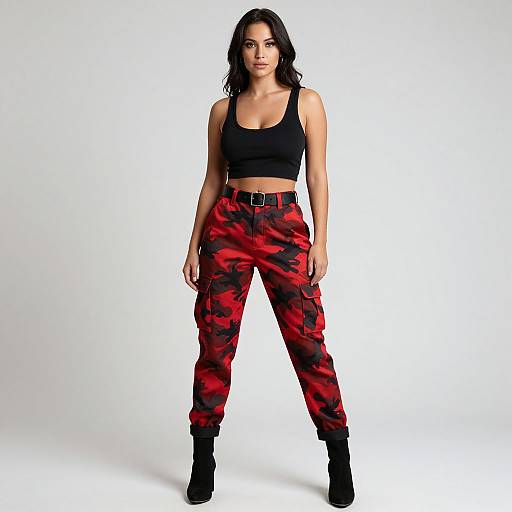 Photograph of a confident woman with medium skin tone, black wavy hair, black tank top, and red-black camouflage cargo pants, standing against a