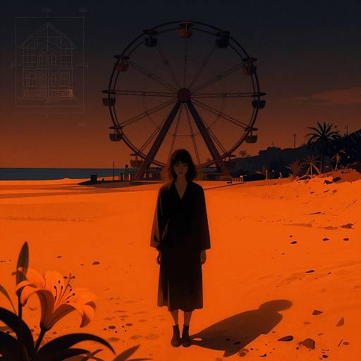 Digital art: Silhouetted woman in dark dress stands on bright orange sand beach, facing large Ferris wheel at dusk, with palm trees and