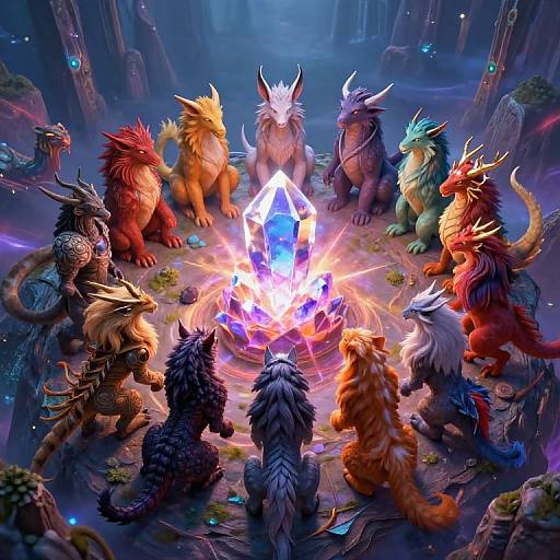 Mythical Creatures Unite Around Crystal