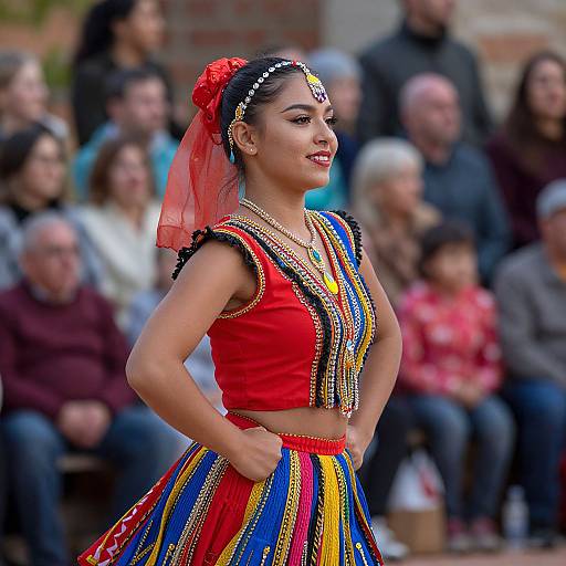 Photograph of a confident young woman in vibrant red and multicolored traditional attire, adorned with jewelry, performing in front of a blurred audience.