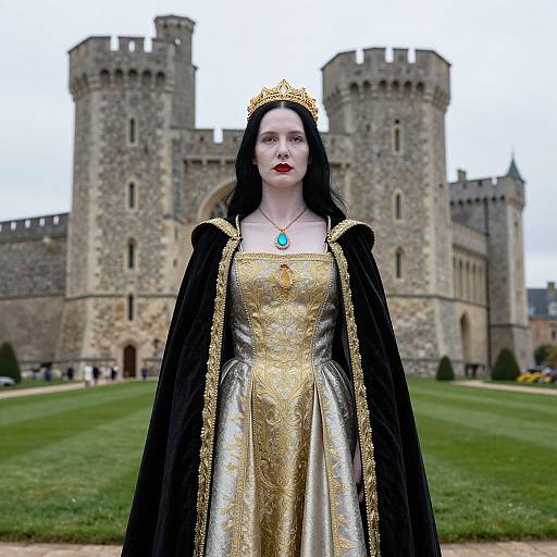 Photograph of a pale-skinned woman with black hair, wearing a gold crown, red lipstick, black and gold medieval gown, and cape, standing