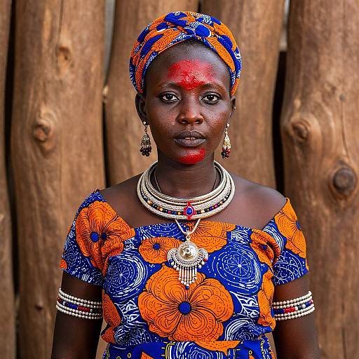 Photograph of a dark-skinned African woman with red facial paint, wearing an orange and blue floral dress, headwrap, and multiple silver necklaces