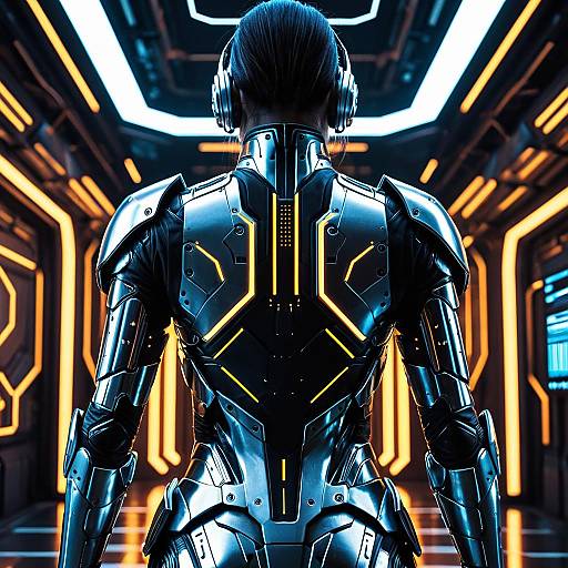 Futuristic Female Cyborg in Metallic Armor