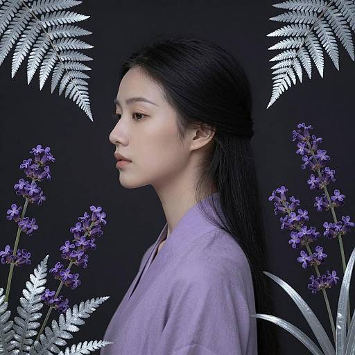 Profile Portrait of Asian Woman with Lavender Blossoms