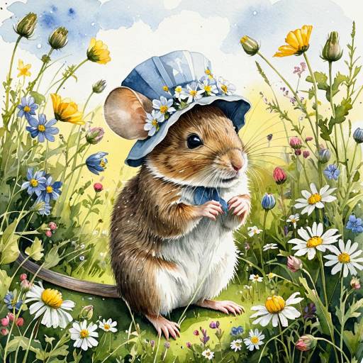 Watercolor Field Mouse in Floral Bonnet