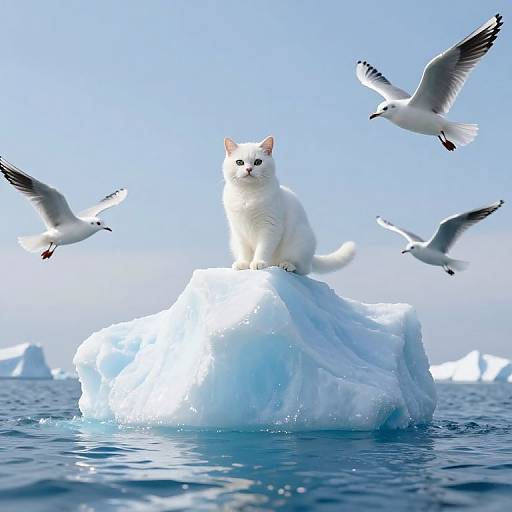 Photograph of a white cat sitting on a large ice floe, surrounded by flying seagulls, with a clear blue sky and ocean background.