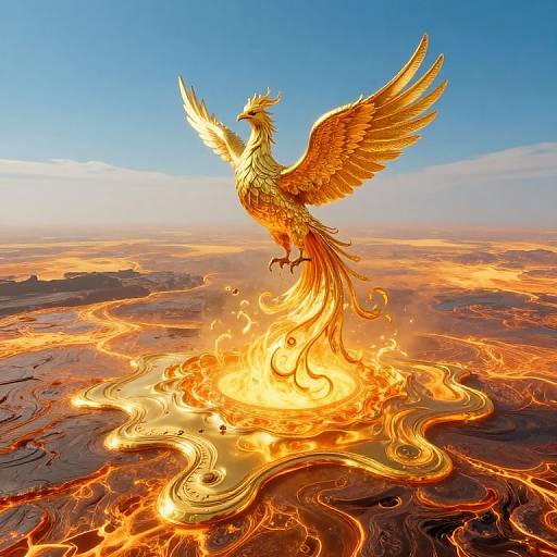 Surreal Phoenix Rising Over Molten Gold