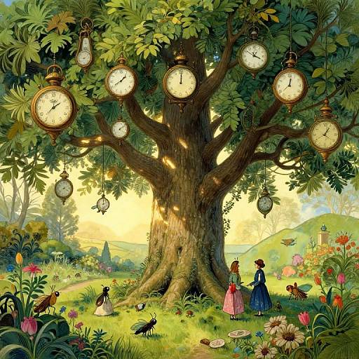 Whimsical digital illustration of a giant clock tree with hanging clocks, surrounded by colorful flowers, birds, and two women in Victorian dresses beneath a bright