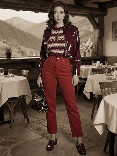 Photograph of a woman with wavy dark hair in a shiny red leather jacket, red patterned top, high-waisted red pants, and