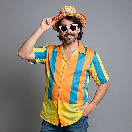Photograph of a smiling, bearded man wearing a striped hat, white sunglasses, orange-blue-yellow striped shirt, and blue jeans against a gray background