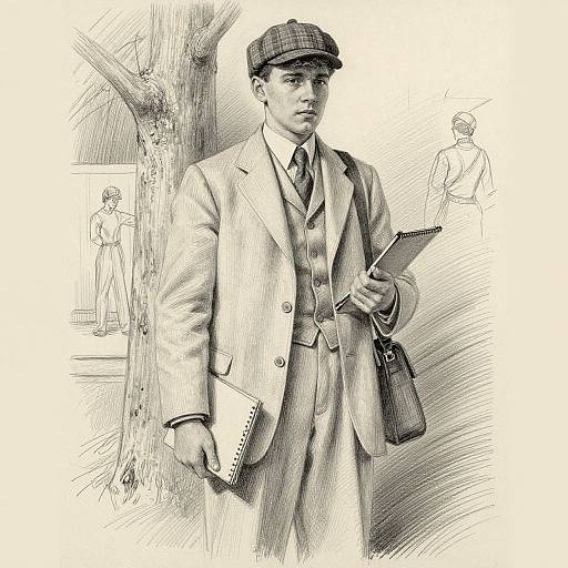 Black-and-white pencil sketch of a young man in a vintage suit, cap, and tie, holding a clipboard and bag, standing by a tree,