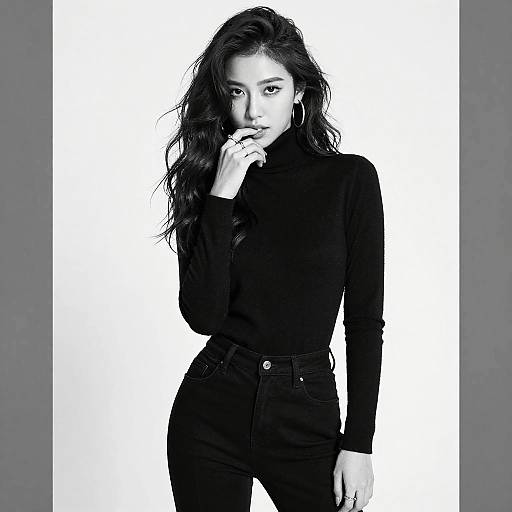 Black-and-white photograph of an Asian woman with long, wavy hair, wearing a high-neck turtleneck and high-waisted jeans, standing