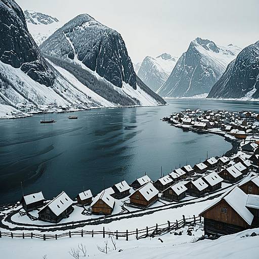 Snow-Covered Viking Village by Frozen Fjord