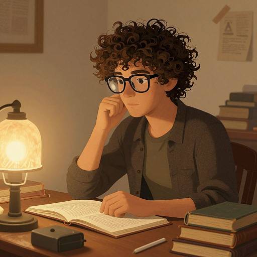 Photorealistic digital art of a curly-haired, glasses-wearing young man studying under a warm lamp, surrounded by books and papers.