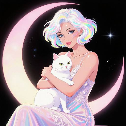 Digital anime-style artwork of a white-haired woman with multicolored highlights, wearing a white lace dress, hugging a white cat, against a black