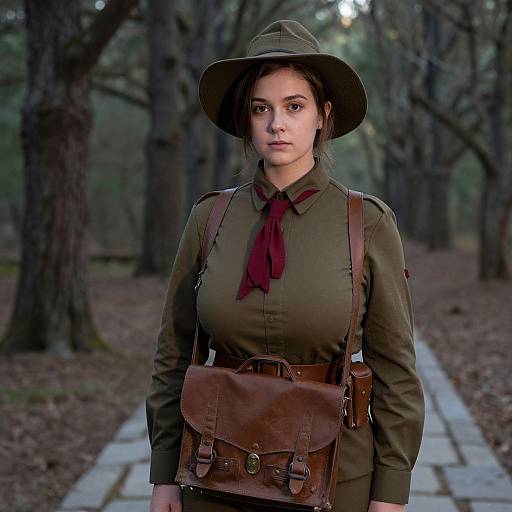 Photograph of a young woman in a forest, wearing a green military-style shirt, red necktie, brown satchel, and wide-brim