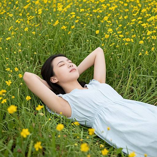Woman Relaxing in Yellow Flower Field