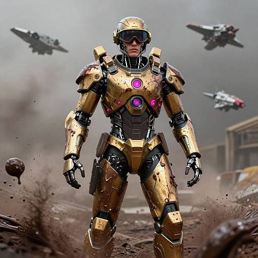 CGI image of a golden, futuristic mecha with pink glowing chest accents, standing in a war-torn, dusty urban environment. Two jets fly
