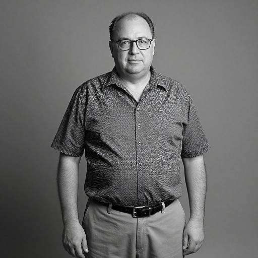 Black-and-white photograph of a middle-aged man with short hair, glasses, and a slight smile, wearing a patterned shirt and pants.